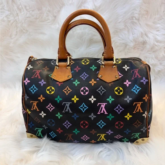Louis Vuitton Black Multicolor Monogram Speedy Satchel with Tan Leather - Picture 5 of 17